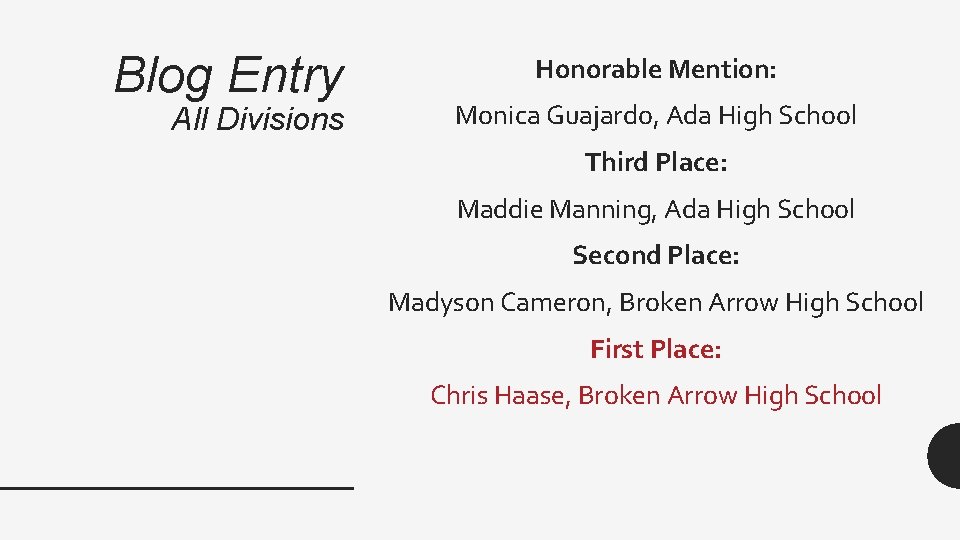 Blog Entry All Divisions Honorable Mention: Monica Guajardo, Ada High School Third Place: Maddie