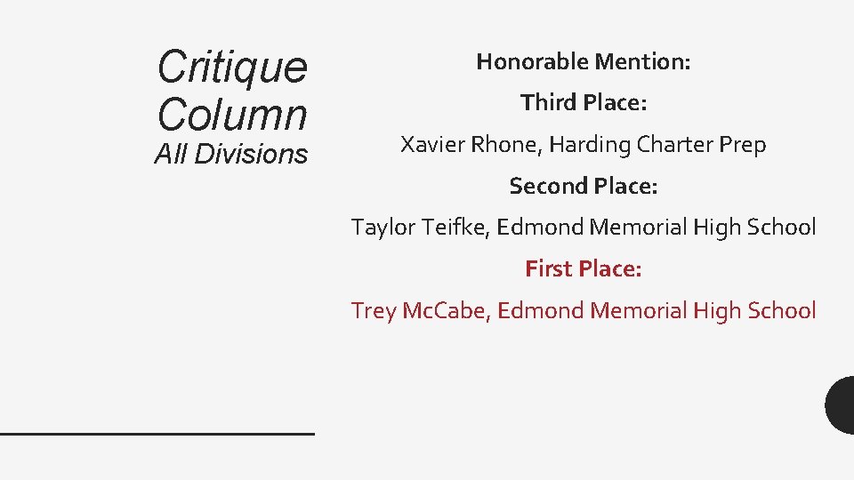 Critique Column All Divisions Honorable Mention: Third Place: Xavier Rhone, Harding Charter Prep Second