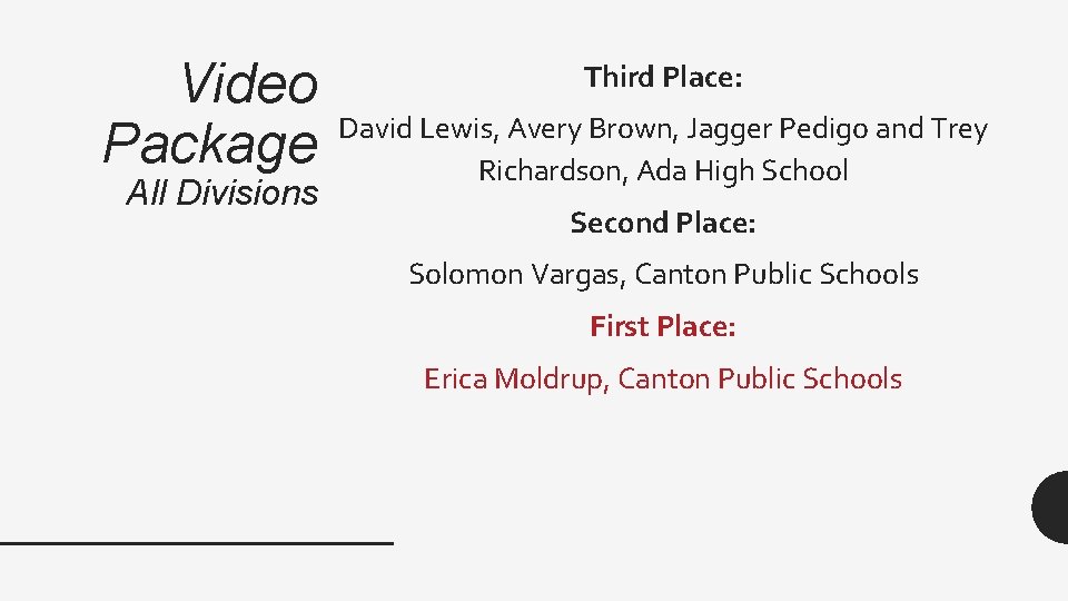 Video Package All Divisions Third Place: David Lewis, Avery Brown, Jagger Pedigo and Trey