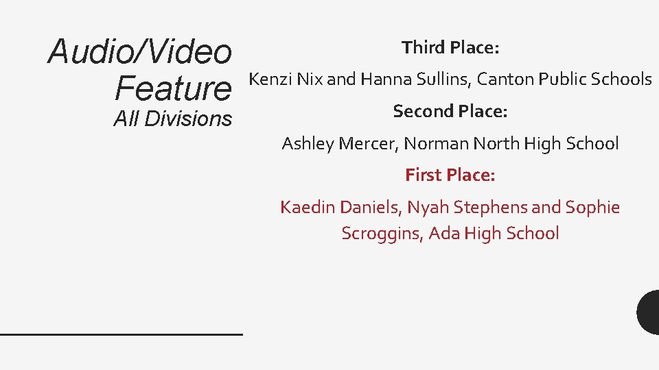 Audio/Video Feature All Divisions Third Place: Kenzi Nix and Hanna Sullins, Canton Public Schools