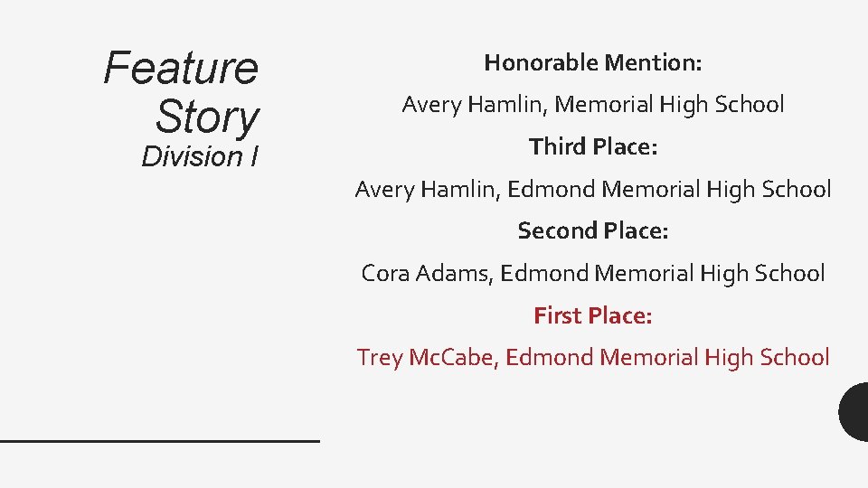 Feature Story Division I Honorable Mention: Avery Hamlin, Memorial High School Third Place: Avery