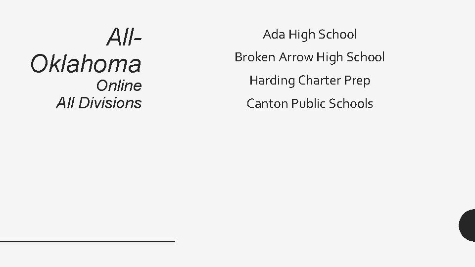 All. Oklahoma Online All Divisions Ada High School Broken Arrow High School Harding Charter