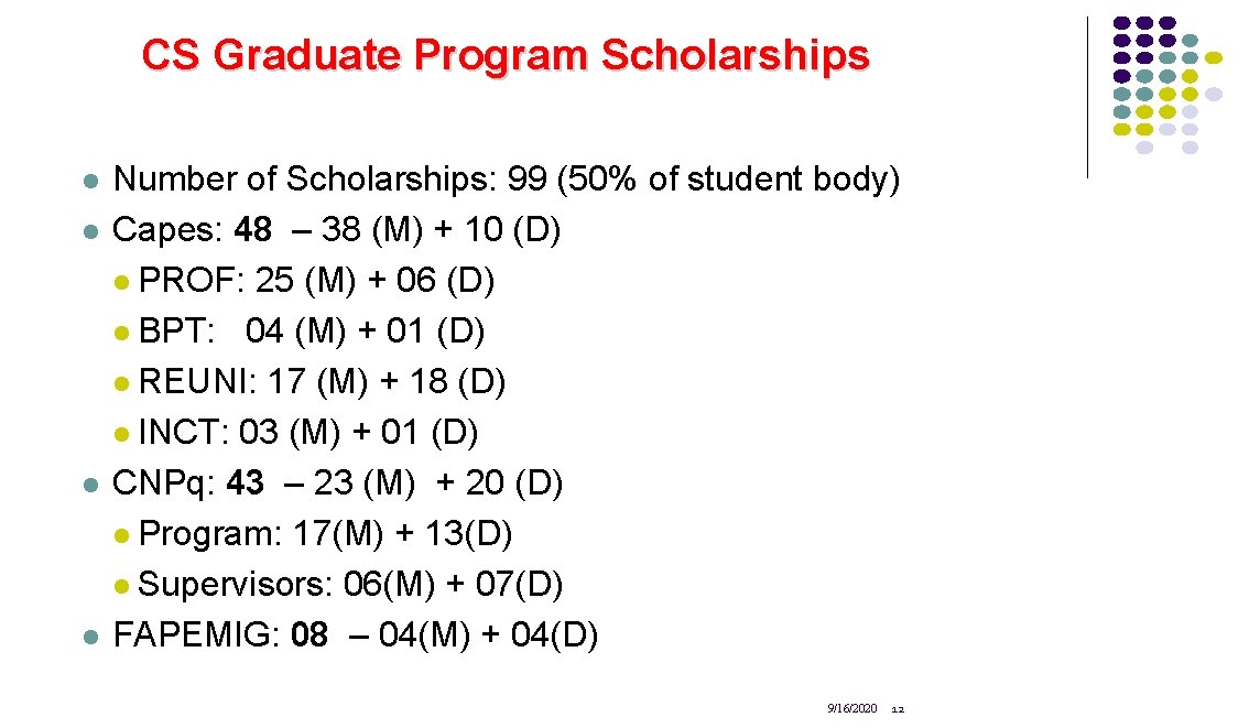 CS Graduate Program Scholarships l l Number of Scholarships: 99 (50% of student body)