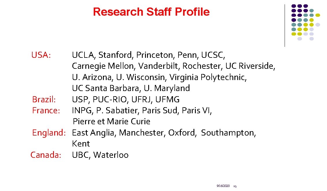 Research Staff Profile USA: UCLA, Stanford, Princeton, Penn, UCSC, Carnegie Mellon, Vanderbilt, Rochester, UC