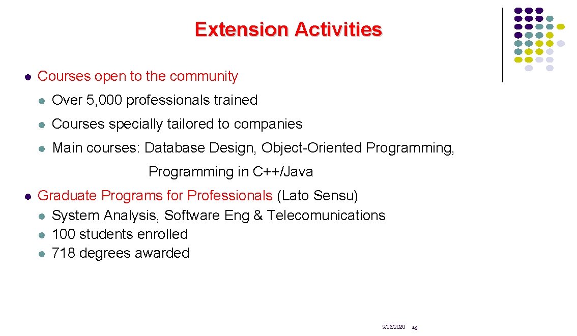 Extension Activities l Courses open to the community l Over 5, 000 professionals trained