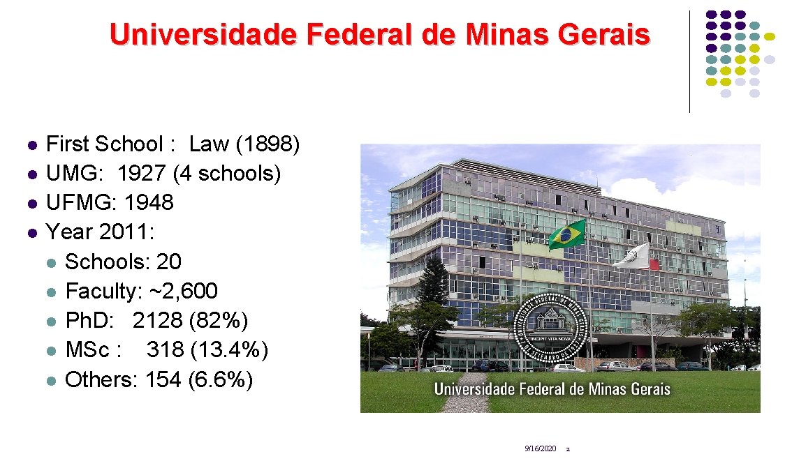 Universidade Federal de Minas Gerais l l First School : Law (1898) UMG: 1927