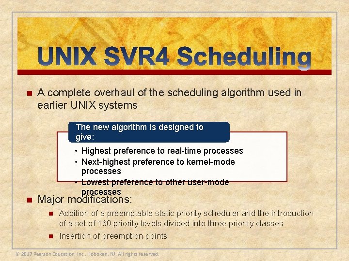 n A complete overhaul of the scheduling algorithm used in earlier UNIX systems The