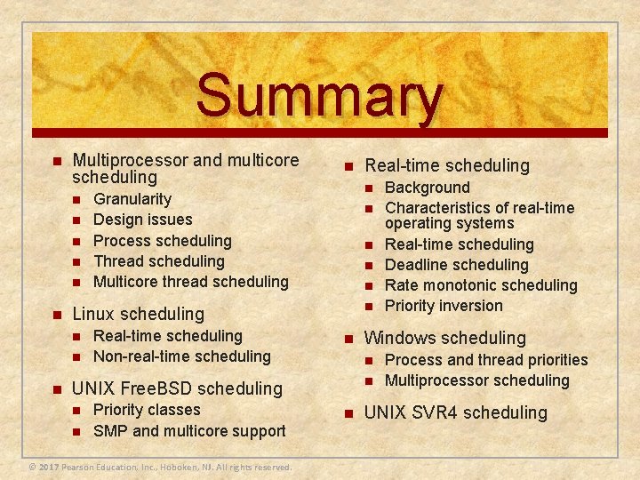 Summary n Multiprocessor and multicore scheduling n n n n Real-time scheduling Non-real-time scheduling