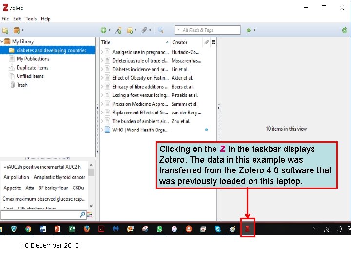 Clicking on the Z in the taskbar displays Zotero. The data in this example