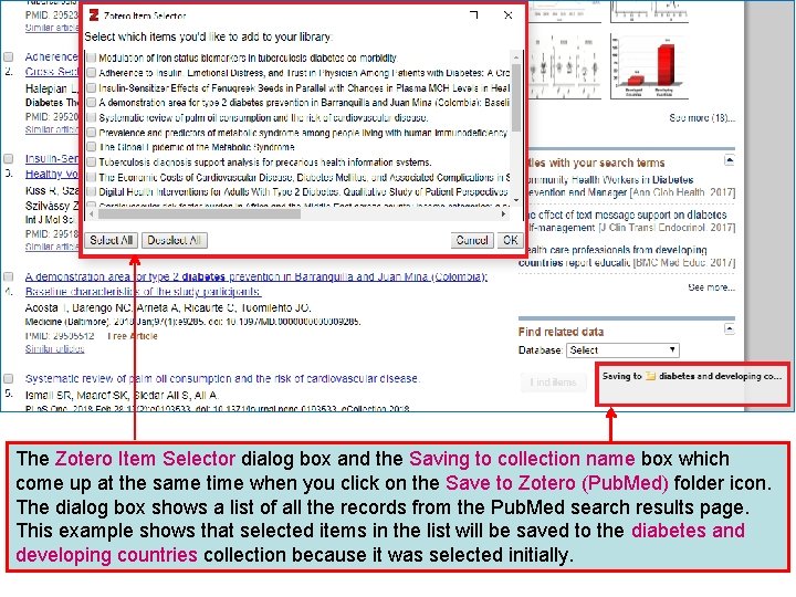 The Zotero Item Selector dialog box and the Saving to collection name box which