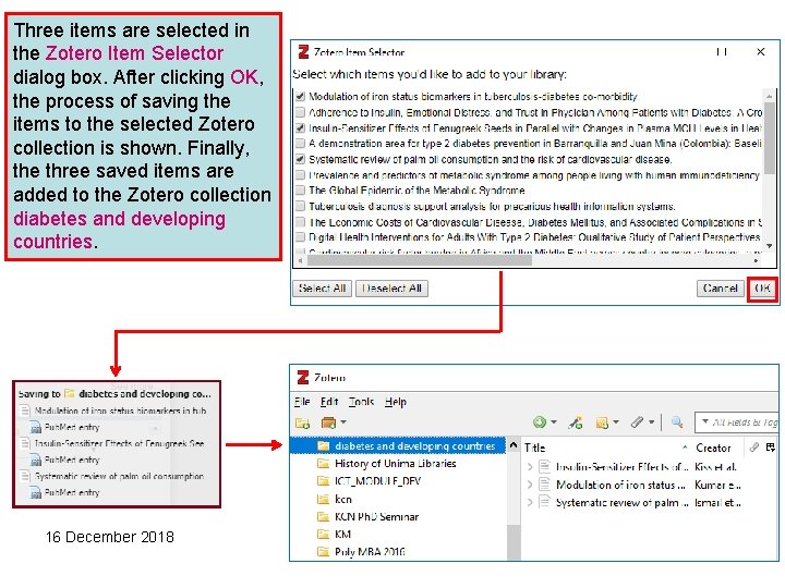 Three items are selected in the Zotero Item Selector dialog box. After clicking OK,