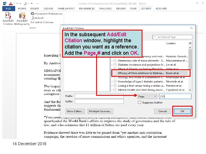 In the subsequent Add/Edit Citation window, highlight the citation you want as a reference.