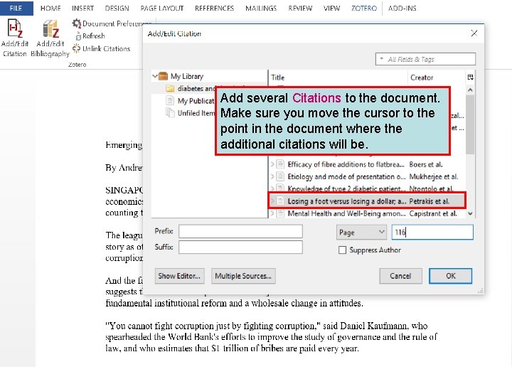 Add several Citations to the document. Make sure you move the cursor to the