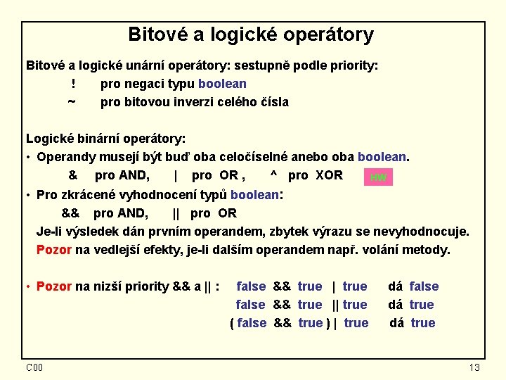 Bitové a logické operátory Bitové a logické unární operátory: sestupně podle priority: ! pro