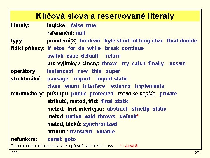 Klíčová slova a reservované literály: logické: false true referenční: null typy: primitivní[8]: boolean byte