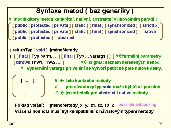 Syntaxe metod ( bez generiky ) // modifikátory metod konkrétní, nativní, abstraktní v libovolném