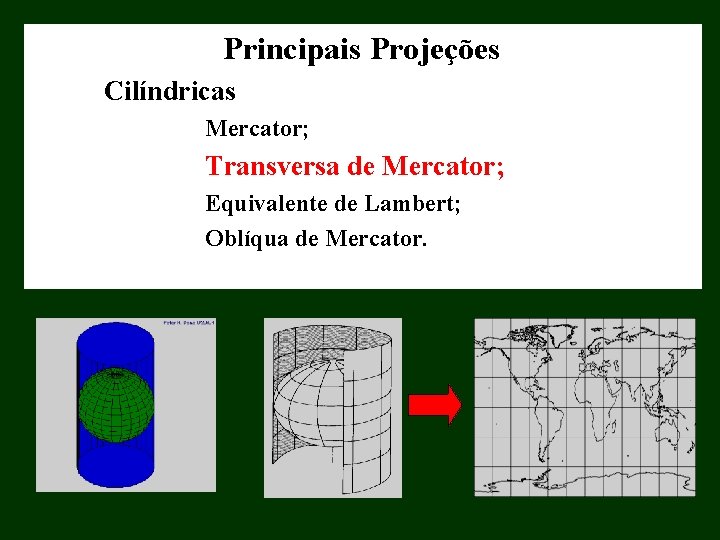 Principais Projeções Cilíndricas Mercator; Transversa de Mercator; Equivalente de Lambert; Oblíqua de Mercator. Principais Projeções Cilíndricas Mercator; Transversa de Mercator; Equivalente de Lambert; Oblíqua de Mercator.