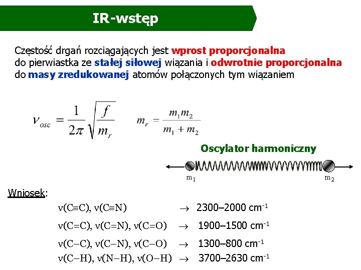 IR-wstęp Częstość drgań rozciągających jest wprost proporcjonalna do pierwiastka ze stałej siłowej wiązania i IR-wstęp Częstość drgań rozciągających jest wprost proporcjonalna do pierwiastka ze stałej siłowej wiązania i
