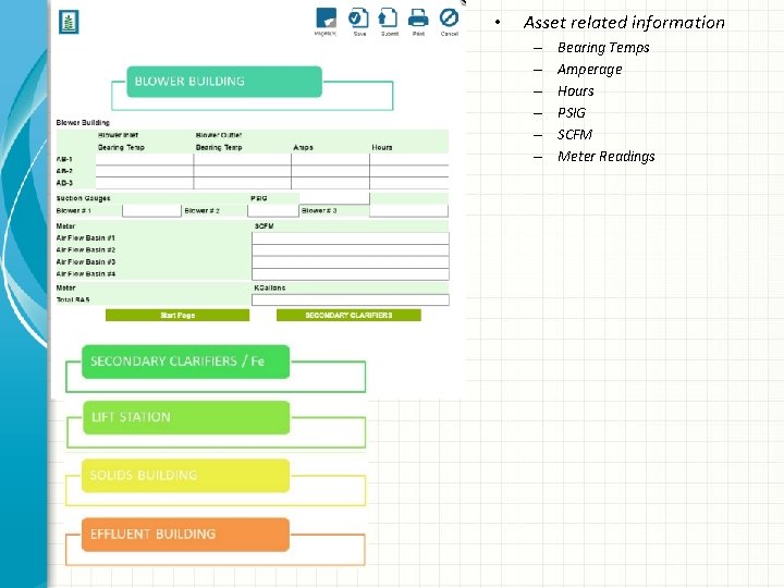  • Asset related information – – – Bearing Temps Amperage Hours PSIG SCFM