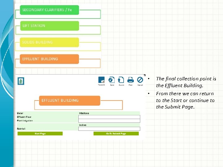  • • The final collection point is the Effluent Building. From there we