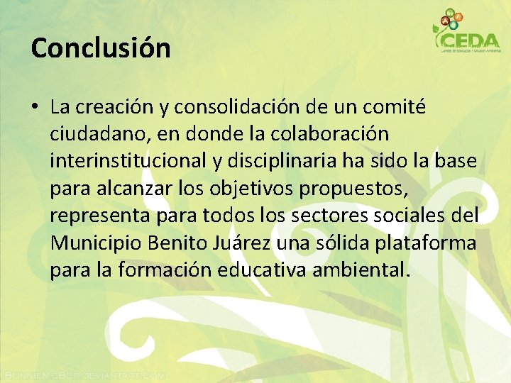 Conclusión • La creación y consolidación de un comité ciudadano, en donde la colaboración