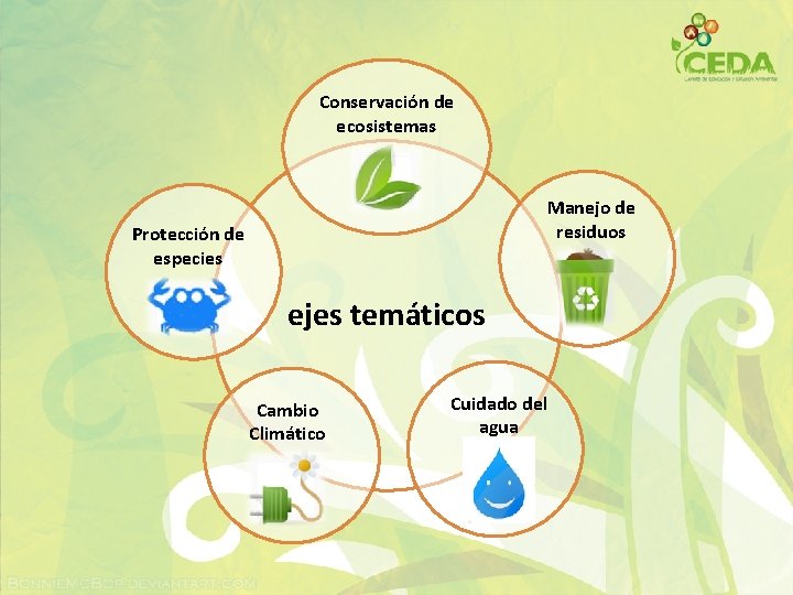 Conservación de ecosistemas Manejo de residuos Protección de especies ejes temáticos Cambio Climático Cuidado