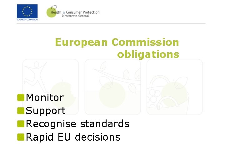 European Commission obligations Monitor Support Recognise standards Rapid EU decisions 