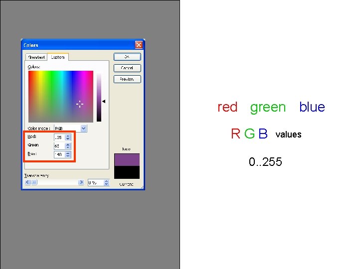 red green blue RGB values 0. . 255 