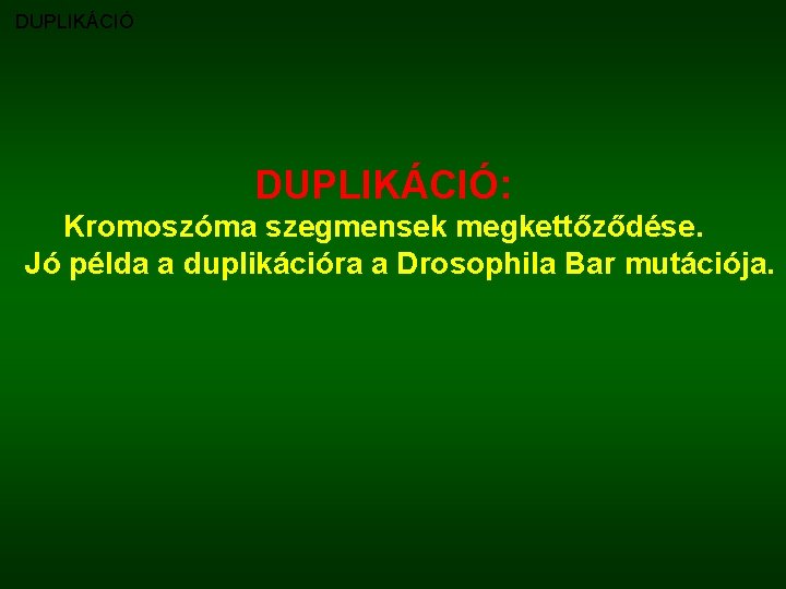 DUPLIKÁCIÓ: Kromoszóma szegmensek megkettőződése. Jó példa a duplikációra a Drosophila Bar mutációja. 