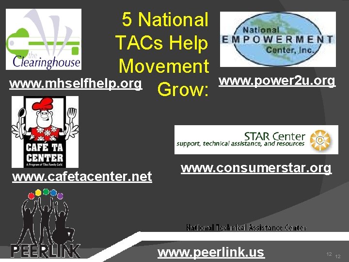 5 National TACs Help Movement www. mhselfhelp. org Grow: www. cafetacenter. net www. power