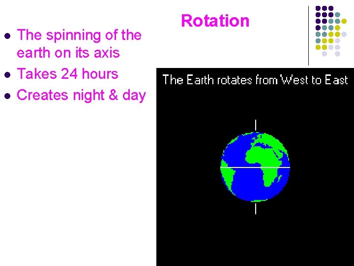 l l l The spinning of the earth on its axis Takes 24 hours