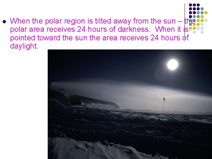 l Polar Night When the polar region is tilted away from the sun –