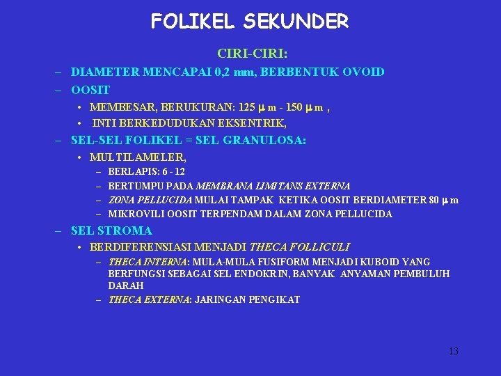 FOLIKEL SEKUNDER CIRI-CIRI: – DIAMETER MENCAPAI 0, 2 mm, BERBENTUK OVOID – OOSIT •