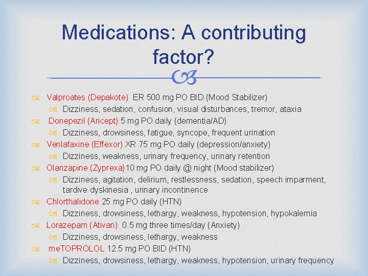 Medications: A contributing factor? Valproates (Depakote) ER 500 mg PO BID (Mood Stabilizer) Dizziness,