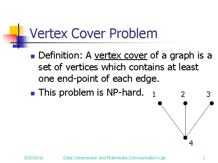 Vertex Cover Problem n n Definition: A vertex cover of a graph is a