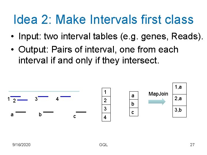 Idea 2: Make Intervals first class • Input: two interval tables (e. g. genes,
