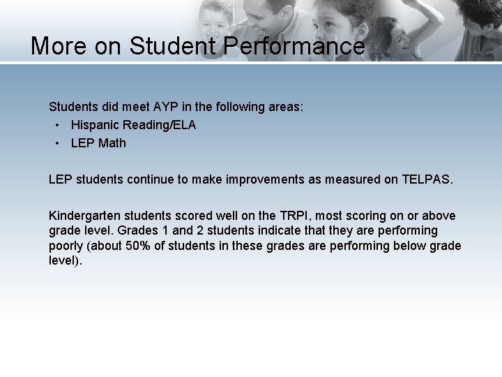 More on Student Performance Students did meet AYP in the following areas: • Hispanic