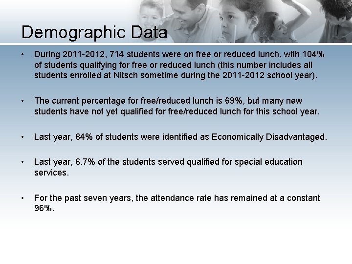 Demographic Data • During 2011 -2012, 714 students were on free or reduced lunch,