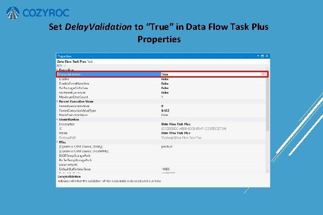 Set Delay. Validation to “True” in Data Flow Task Plus Properties 