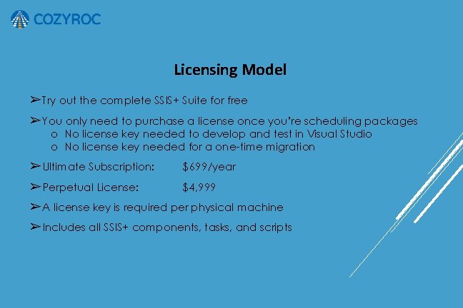 Licensing Model ➢ Try out the complete SSIS+ Suite for free ➢ You only