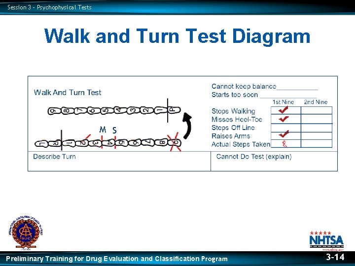 Session 3 – Psychophysical Tests Walk and Turn Test Diagram M S Preliminary Training