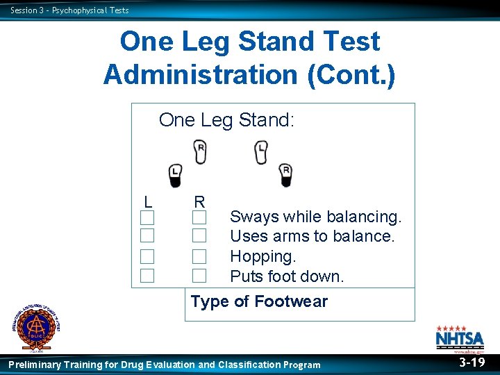 Session 3 – Psychophysical Tests One Leg Stand Test Administration (Cont. ) One Leg