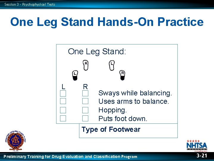 Session 3 – Psychophysical Tests One Leg Stand Hands-On Practice One Leg Stand: L