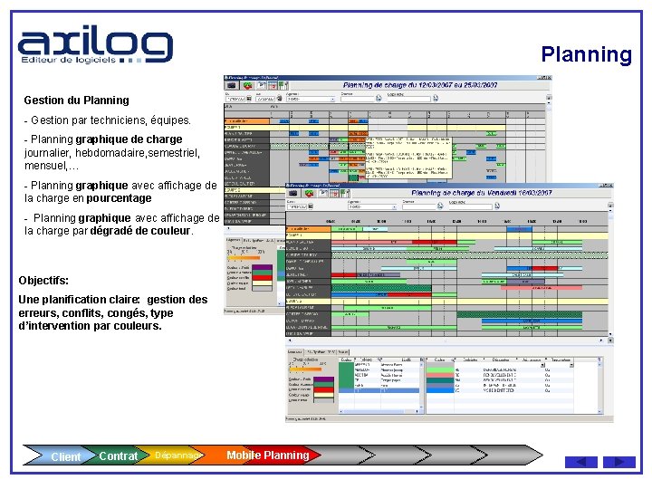 Planning Gestion du Planning - Gestion par techniciens, équipes. - Planning graphique de charge