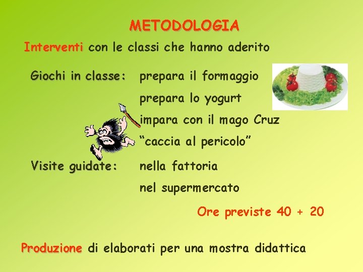 METODOLOGIA Interventi con le classi che hanno aderito Giochi in classe: prepara il formaggio