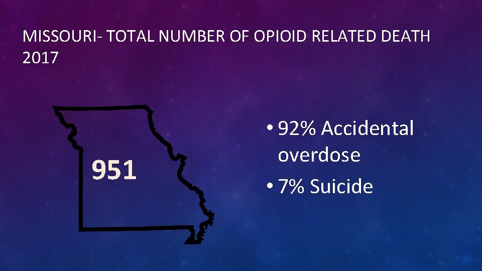 MISSOURI- TOTAL NUMBER OF OPIOID RELATED DEATH 2017 951 • 92% Accidental overdose •