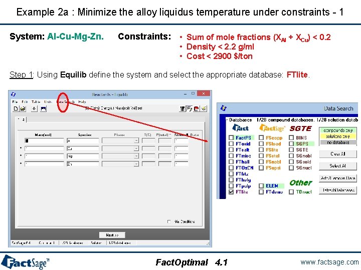 Example 2 a : Minimize the alloy liquidus temperature under constraints - 1 System: