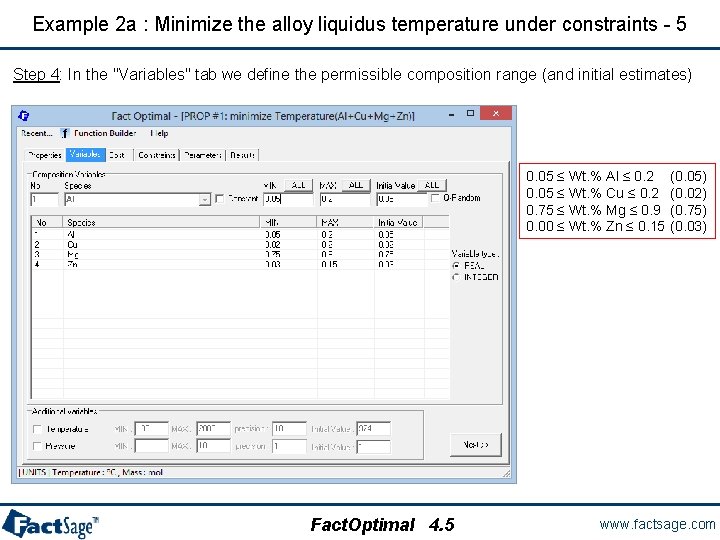 Example 2 a : Minimize the alloy liquidus temperature under constraints - 5 Step