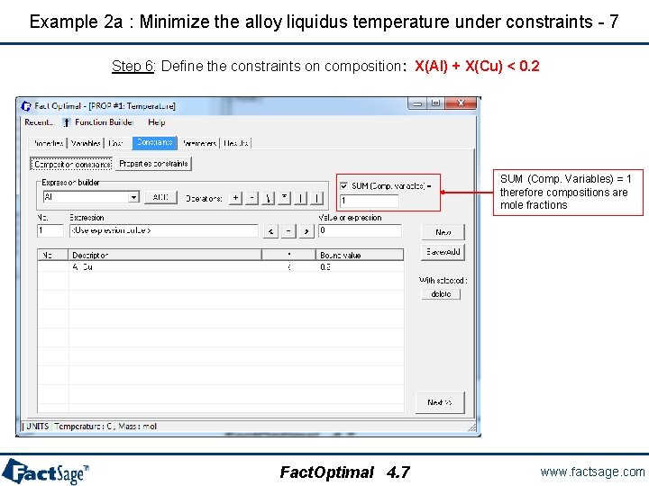 Example 2 a : Minimize the alloy liquidus temperature under constraints - 7 Step