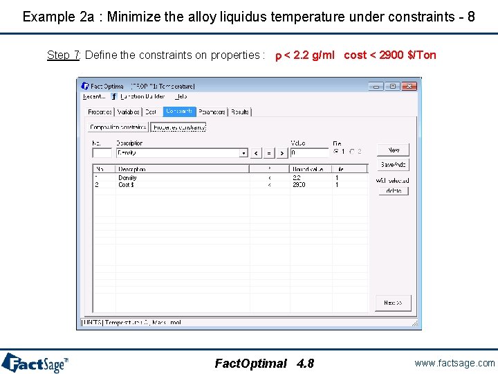 Example 2 a : Minimize the alloy liquidus temperature under constraints - 8 Step